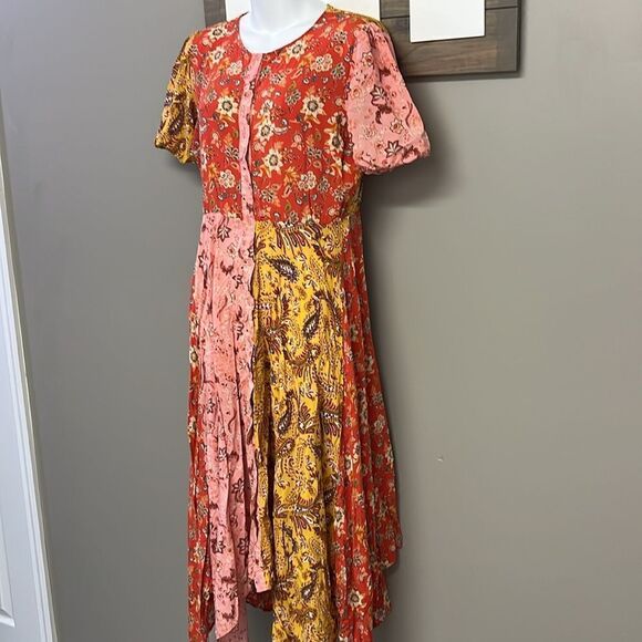 ZARA Women Collection Floral Asymmetrical Short Sleeve Button Down Boho MIDI-Lrg - Picture 2 of 13